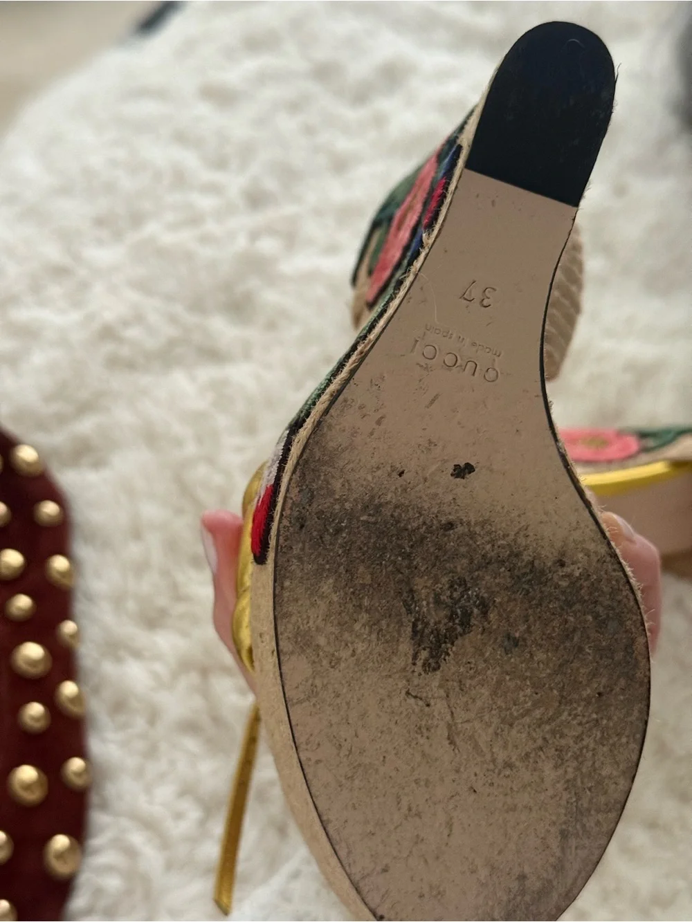 Gucci Metallic Gold Leather High Wedge Espadrille Sandals ; size 37 EUC - Picture 12 of 13